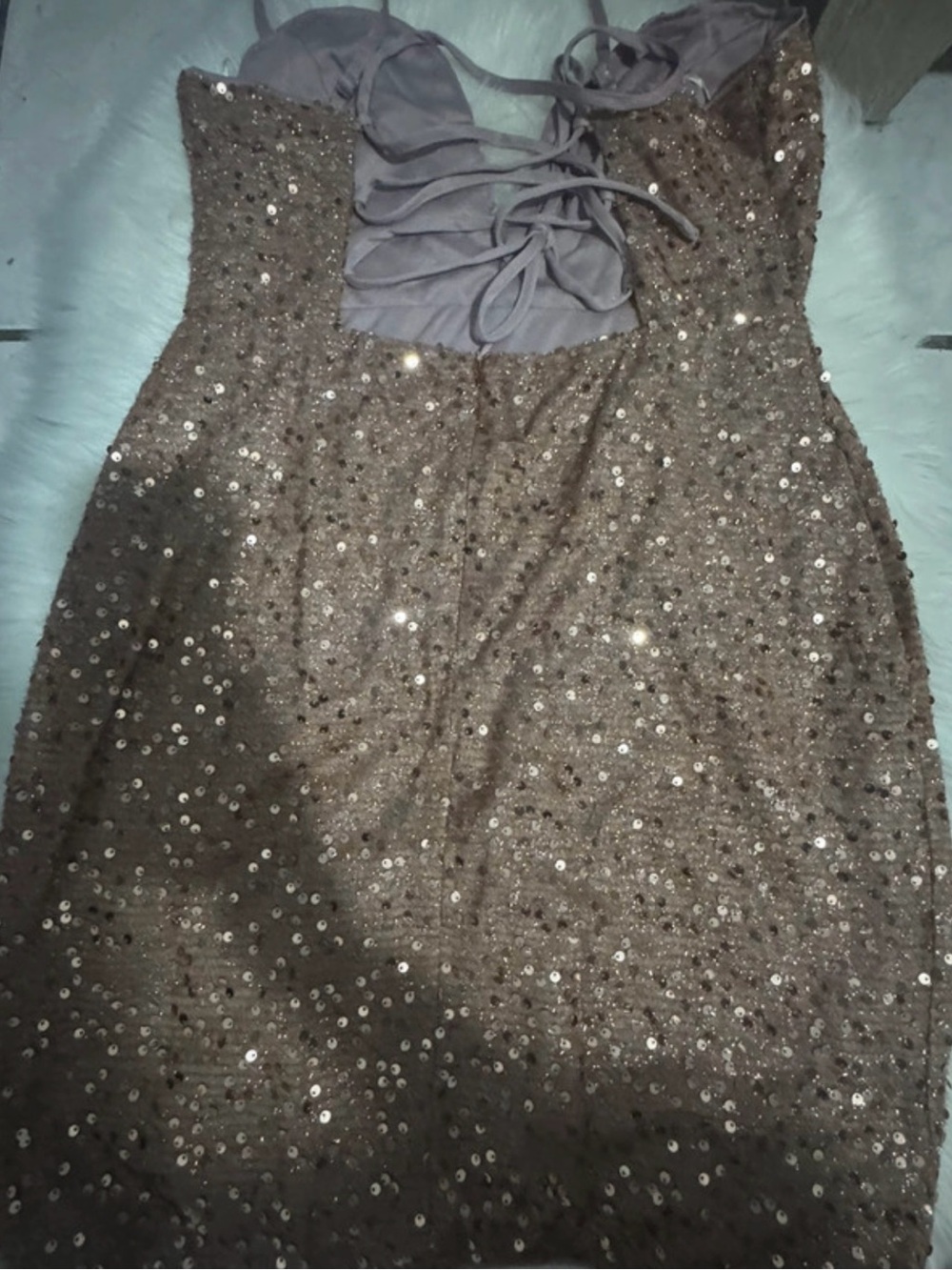 SHEIN Taupe Sequin Lace-Up Back Mini Dress